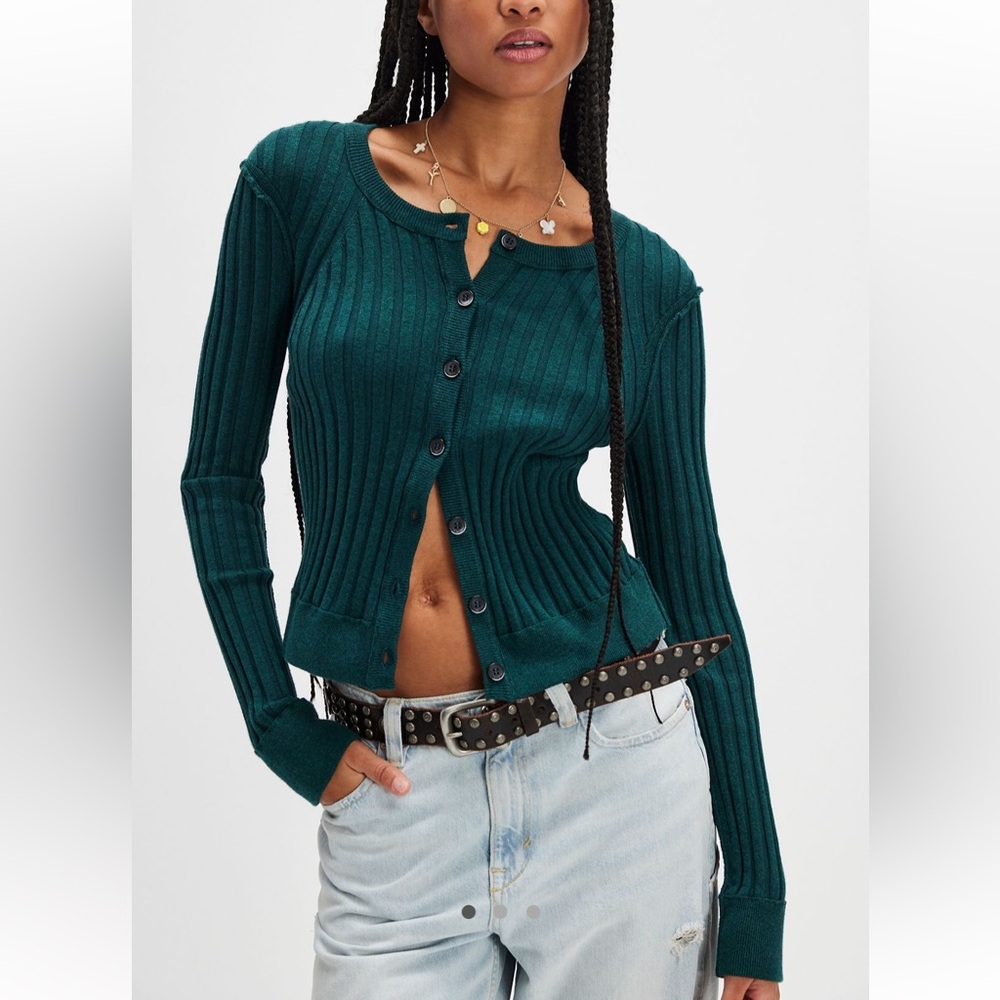 NWT We the Free Lou Cardigan Blue Cedar Emerald Green Long Sleeve Knit Cardigan